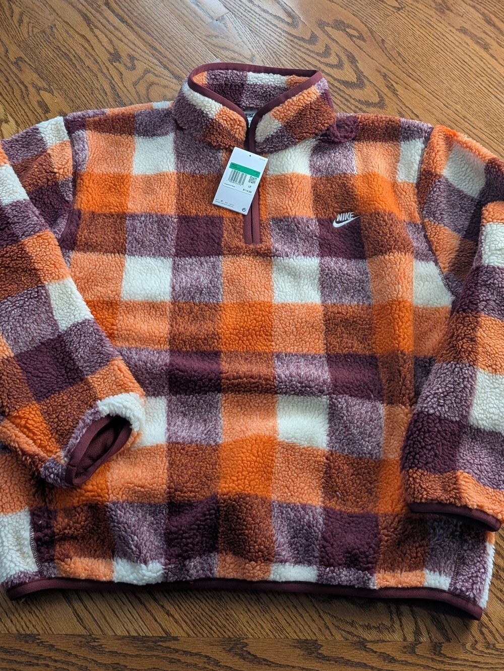 New! Men's Nike Orange, Burgundy & Cream Check Sherpa Pullover Size XL